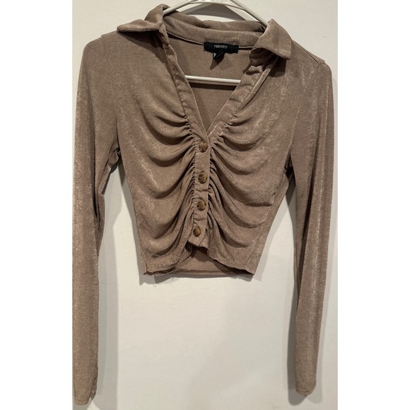 Forever 21 Long Sleeved Button Down Ruffled Gold Sparkle Crop Top - Picture 12 of 16